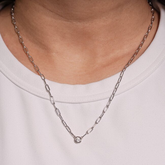 Bezel Set Round Cubic Zirconia Paperclip Necklace in Sterling Silver