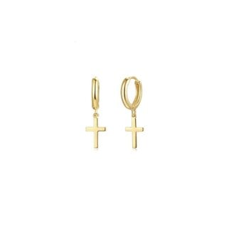 Bella Gold Polished Cross Dangle Huggie Earrings