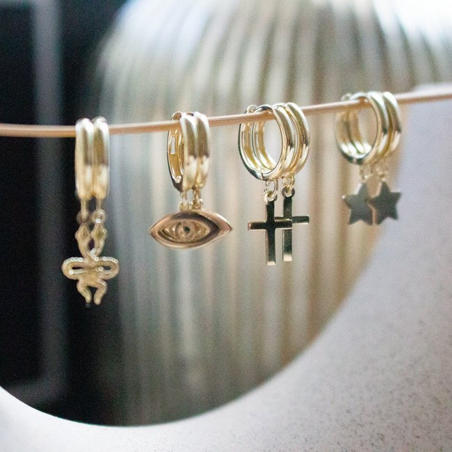 Polished Cross Dangle Huggie Earrings in 10K Yellow Gold
