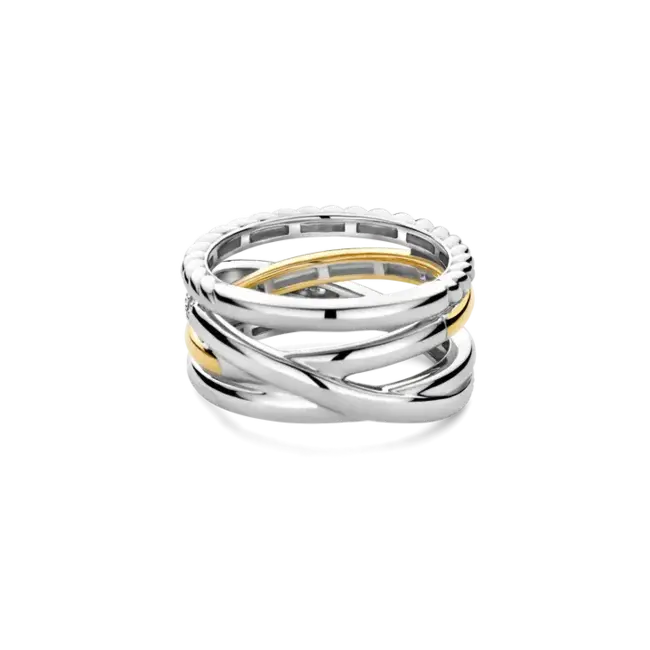 TI SENTO Structured Zirconia Crossover Ring in Sterling Silver & Gold Vermeil