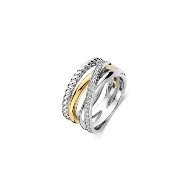 TI SENTO Structured Zirconia Crossover Ring in Sterling Silver & Gold Vermeil