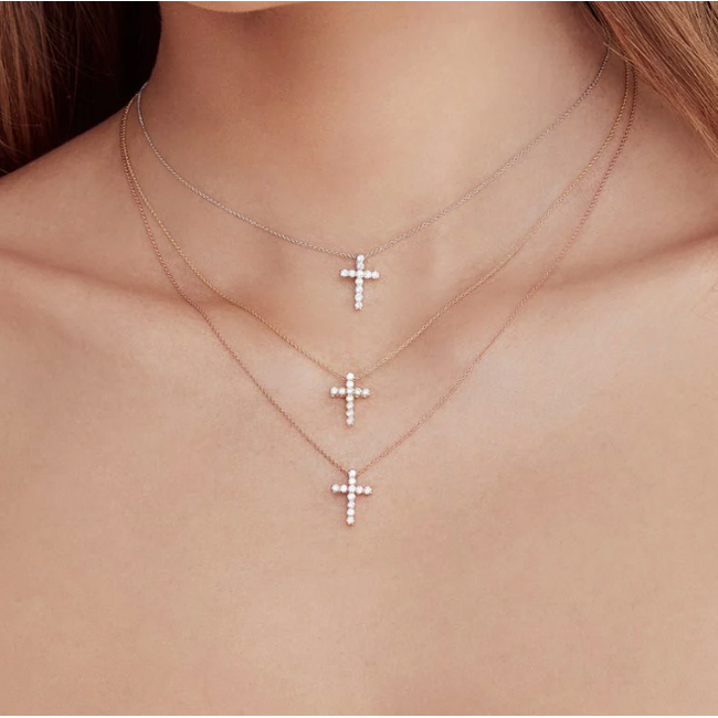 Round Diamond Cross Pendant in 14K White Gold