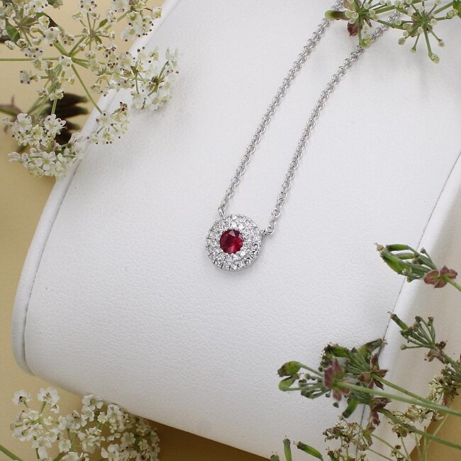 Ruby & Diamond Double Halo Necklace in 14K White Gold