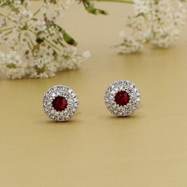 Ruby & Round Brilliant Cut Diamond Double Halo Stud Earrings in 14K White Gold
