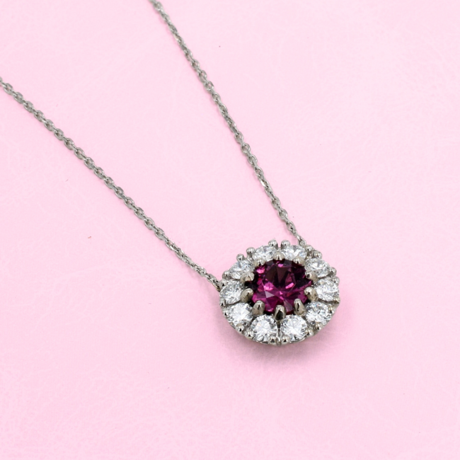 Rhodalite & Diamond Halo Pendant in 14K White Gold
