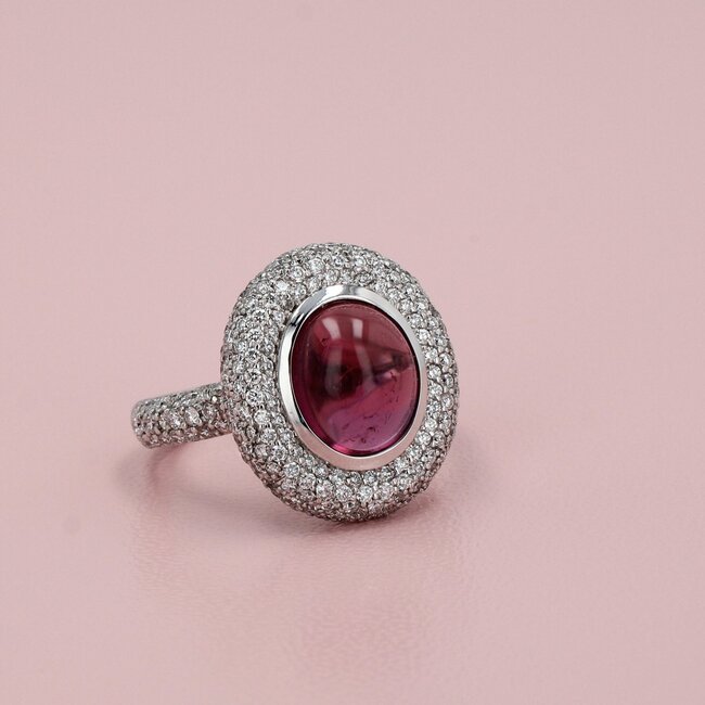 Pave Diamond & Pink Tourmaline Fashion Ring in 14K White Gold