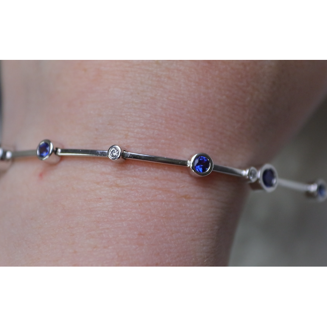 Round Sapphire & Diamond Bezel-Set Bracelet in 10K White Gold
