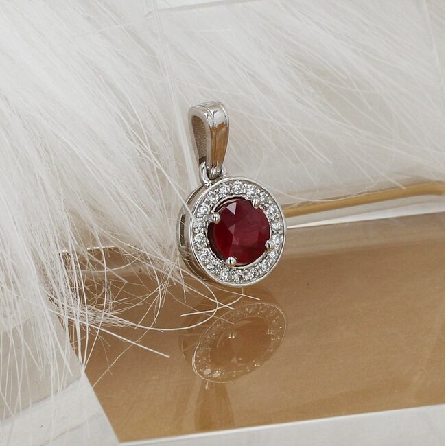 Custom-Made Ruby & Diamond Halo Pendant in 14K White Gold