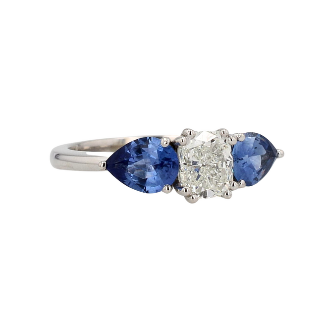 Custom-Made Diamond & Blue Sapphire Trinity Ring in 14K White Gold