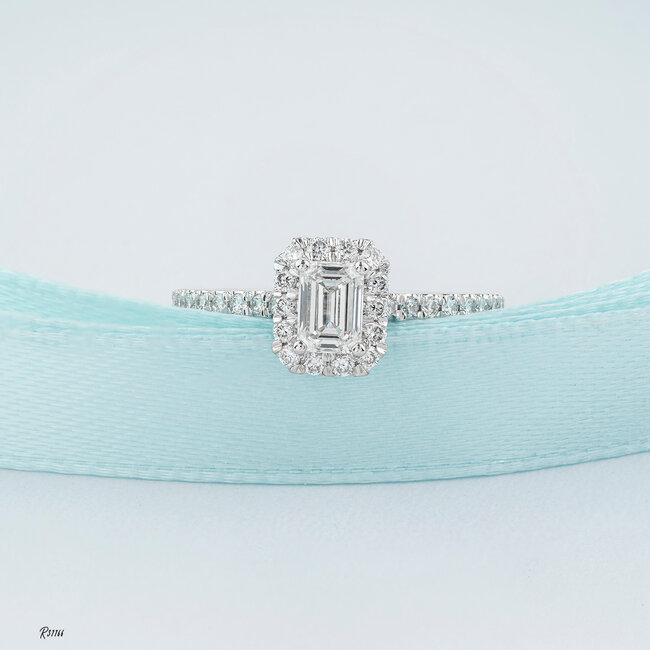 Emerald Cut Lab Grown Diamond Halo Engagement Ring in 14K White Gold