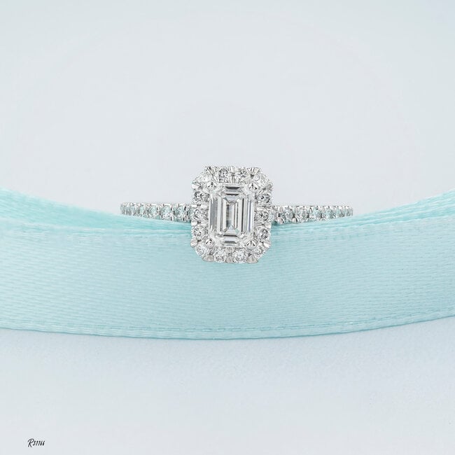 Halo Emerald Lab Grown Diamond Engagement Ring in 14K White Gold