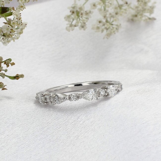 Pear & Round Diamond Band in 14K White Gold