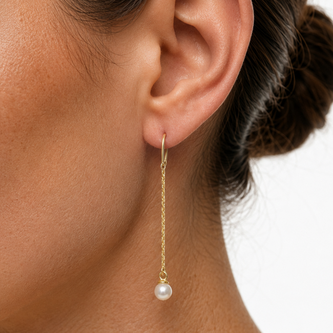Freshwater Pearl Threader Earrings in 10K Yellow Gold