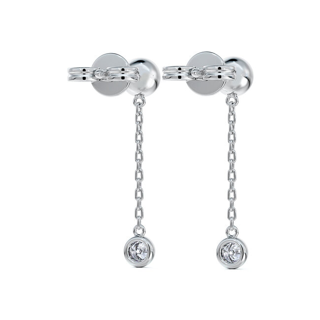 Bezel-Set Round Brilliant Cut Diamond Chain Drop Stud Earrings in 14K White Gold