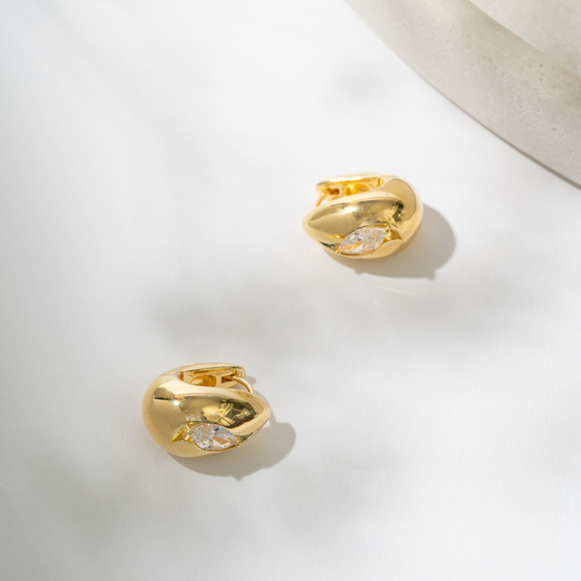Elle Wink Marquise CZ Puffed Hoop Earrings in Gold-Plated Sterling Silver