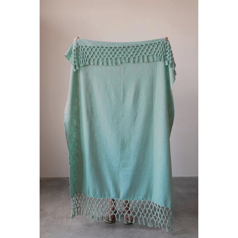 Aqua Cotton Throw with Crochet and Fringe