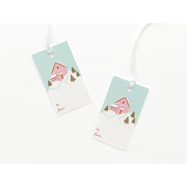 Pink Winter House on a Hilltop Gift Tag