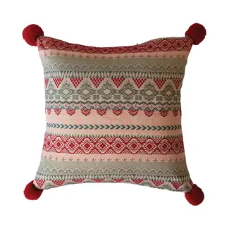 18" Square Woven Acrylic Jacquard Pillow w/ Velvet Back & Pom Poms