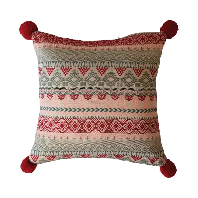 18" Square Woven Acrylic Jacquard Pillow w/ Velvet Back & Pom Poms