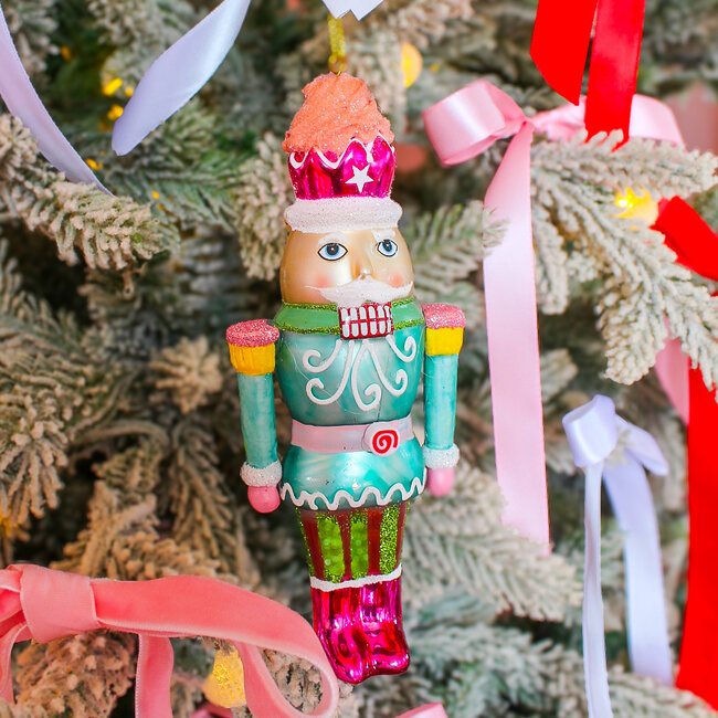 Glass Nutcracker Ornament with Green Glitter Coat