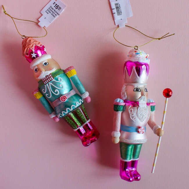 Glass Nutcracker Ornament with Pink Glitter Coat