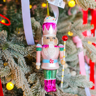 Glass Nutcracker Ornament with Pink Glitter Coat
