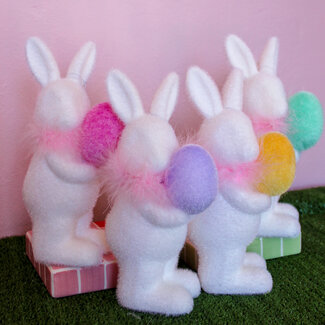 Small Flocked White Bunny with Egg