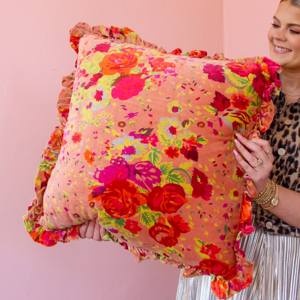 Creative Coop 20" Square Cotton Velvet Printed Pillow with Floral Pattern