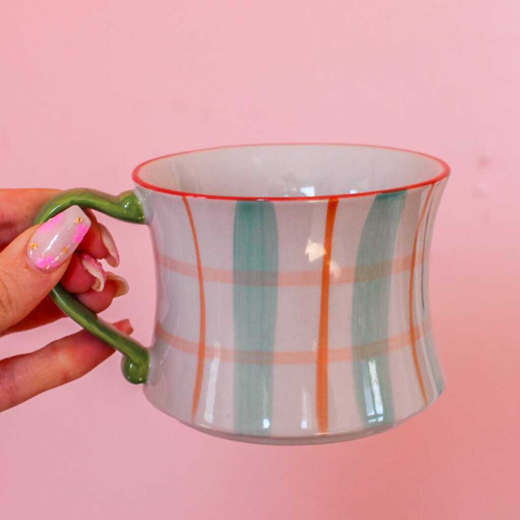 Creative Coop Blue Plaid Hand-Painted Stoneware Mug
