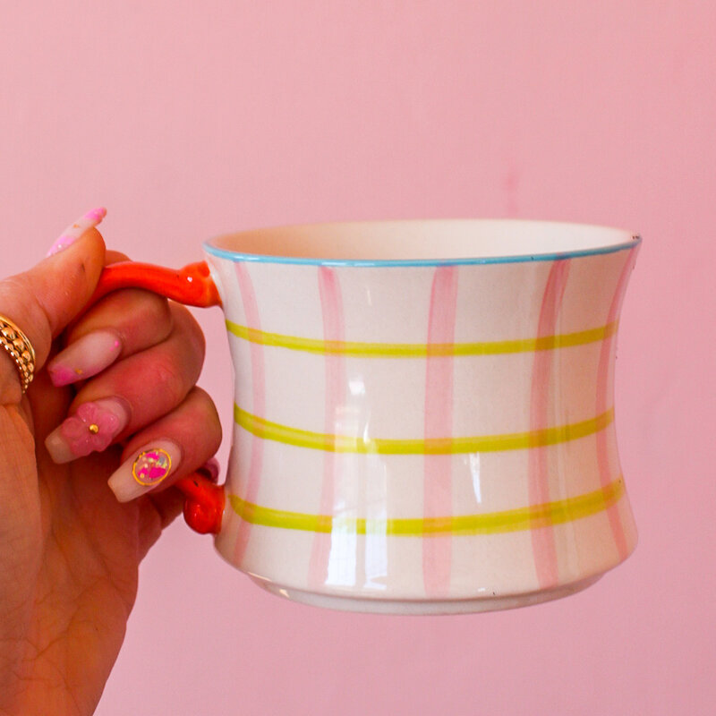 Creative Coop Green Stripe Hand-Painted Stoneware Mug