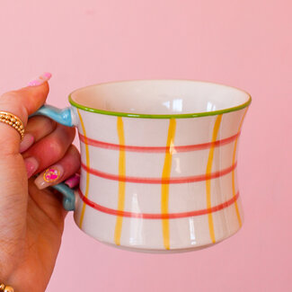 Creative Coop Pink & Yellow Grid Hand-Painted Stoneware Mug