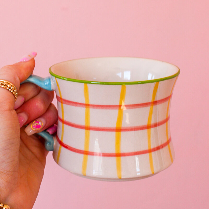 Creative Coop Pink & Yellow Grid Hand-Painted Stoneware Mug