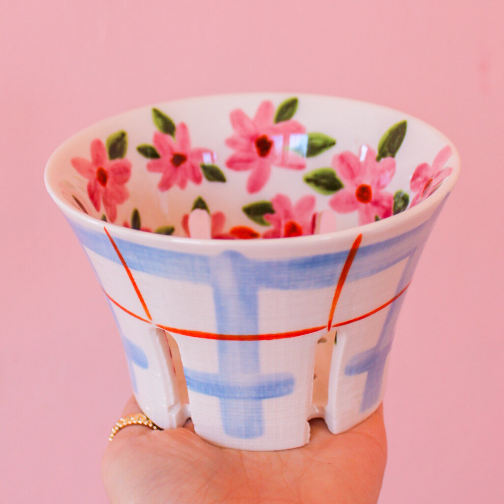 Creative Coop Blue Plaid & Floral Berry Bowl