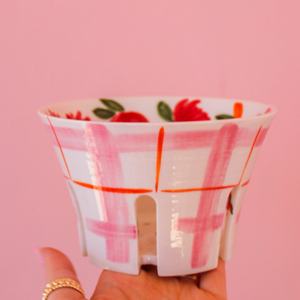 Creative Coop Pink Plaid & Floral Berry Bowl