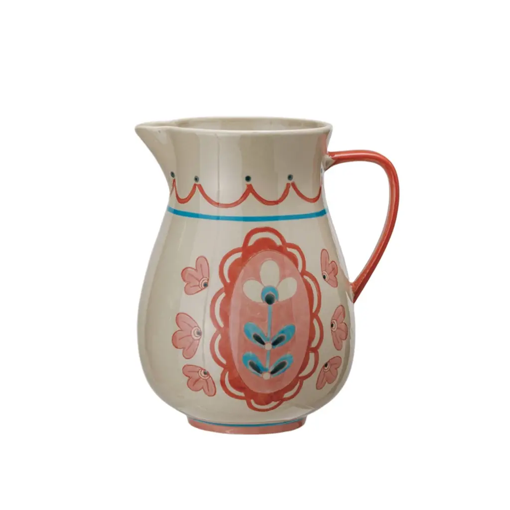 Creative Coop 3 Quart Hand-Painted Stoneware Floral Pitcher
