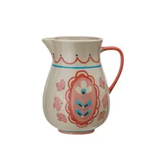 Creative Coop 3 Quart Hand-Painted Stoneware Floral Pitcher