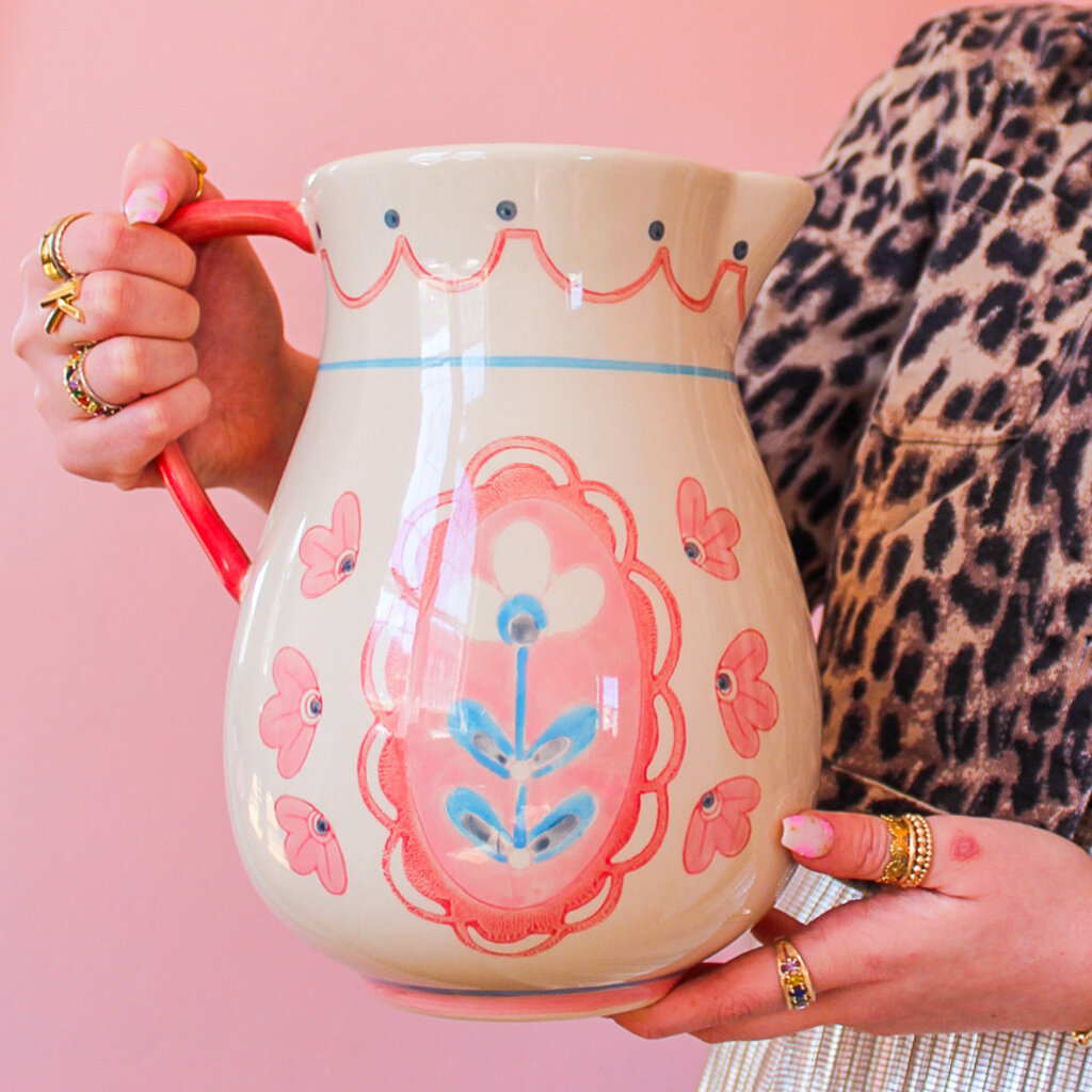 Creative Coop 3 Quart Hand-Painted Stoneware Floral Pitcher