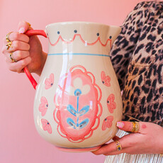 Creative Coop 3 Quart Hand-Painted Stoneware Floral Pitcher