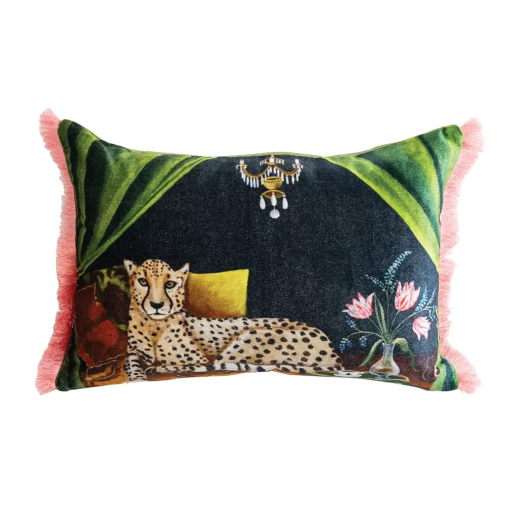 Creative Coop Velvet Pillow with Cheetah & Eyelash Fringe
