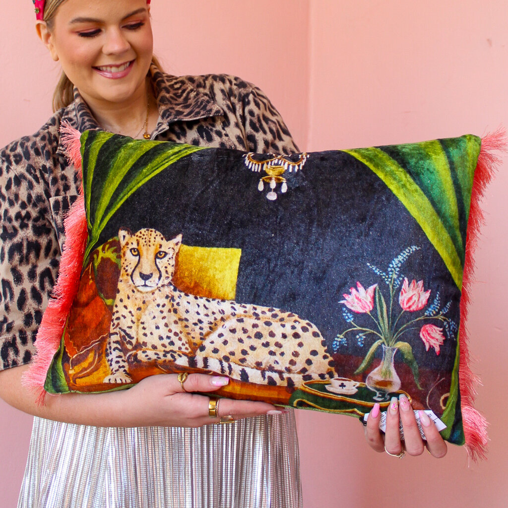 Creative Coop Velvet Pillow with Cheetah & Eyelash Fringe