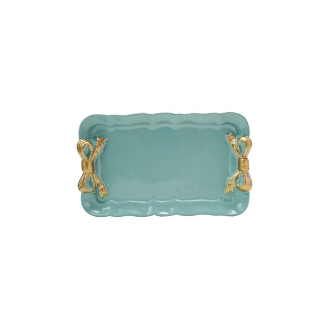 Aqua Metal Tray with Gold Finish Bows