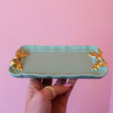 Creative Coop Aqua Metal Tray with Gold Finish Bows