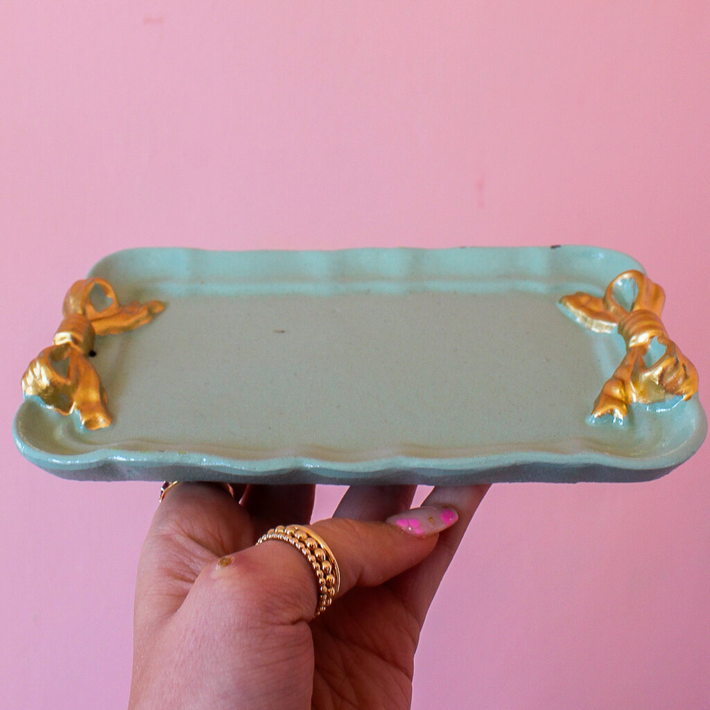 Creative Coop Aqua Metal Tray with Gold Finish Bows