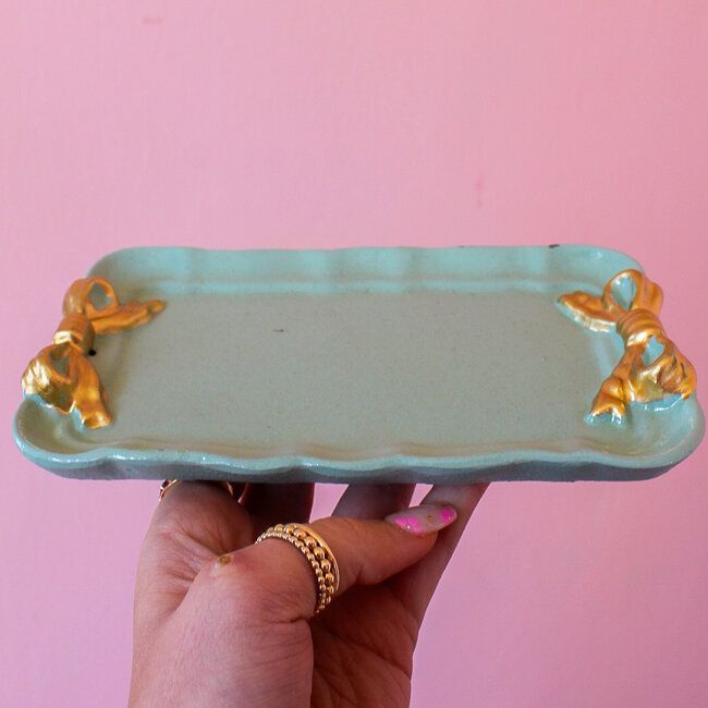 Aqua Metal Tray with Gold Finish Bows