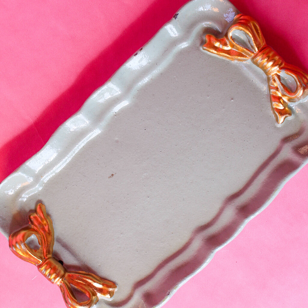 Creative Coop Aqua Metal Tray with Gold Finish Bows