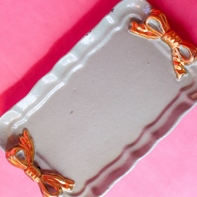 Aqua Metal Tray with Gold Finish Bows