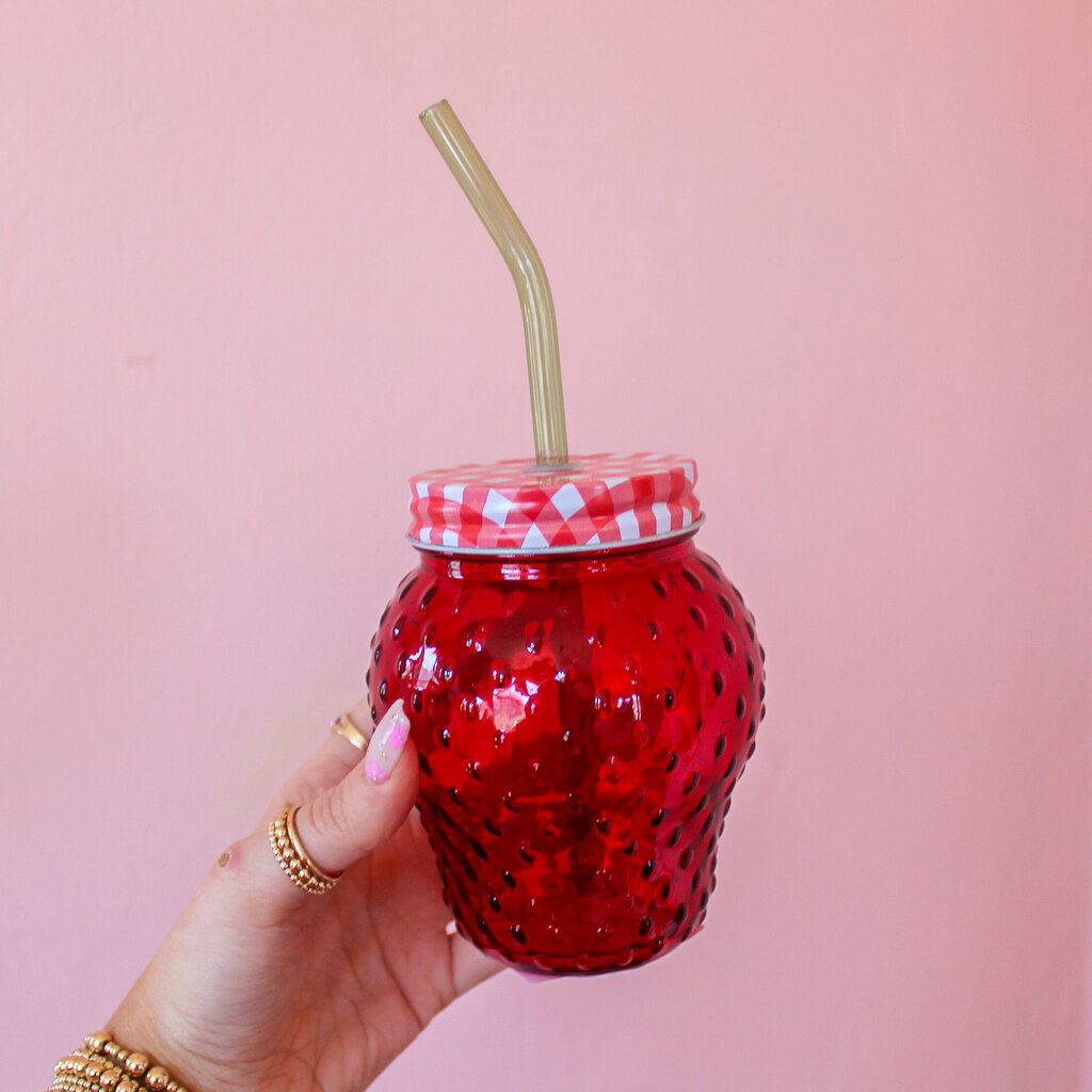Creative Coop Strawberry Shaped Glass with Lid & Glass Straw