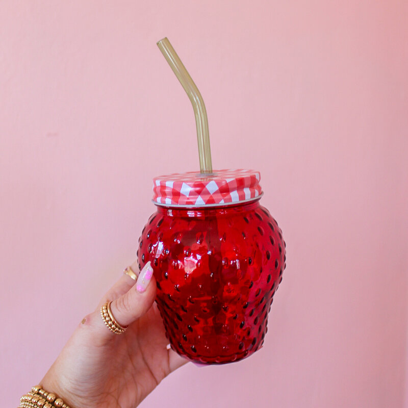 Creative Coop Strawberry Shaped Glass with Lid & Glass Straw