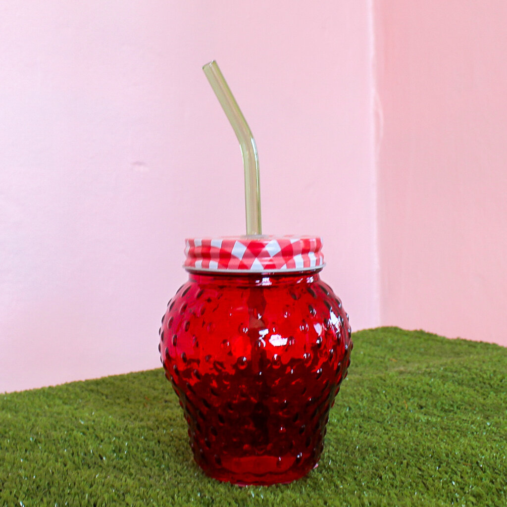 Creative Coop Strawberry Shaped Glass with Lid & Glass Straw