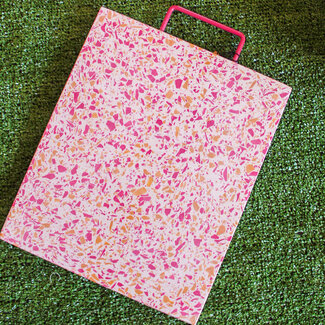 Creative Coop Resin Terrazzo Cutting Board with Pink Enameled Metal Handle